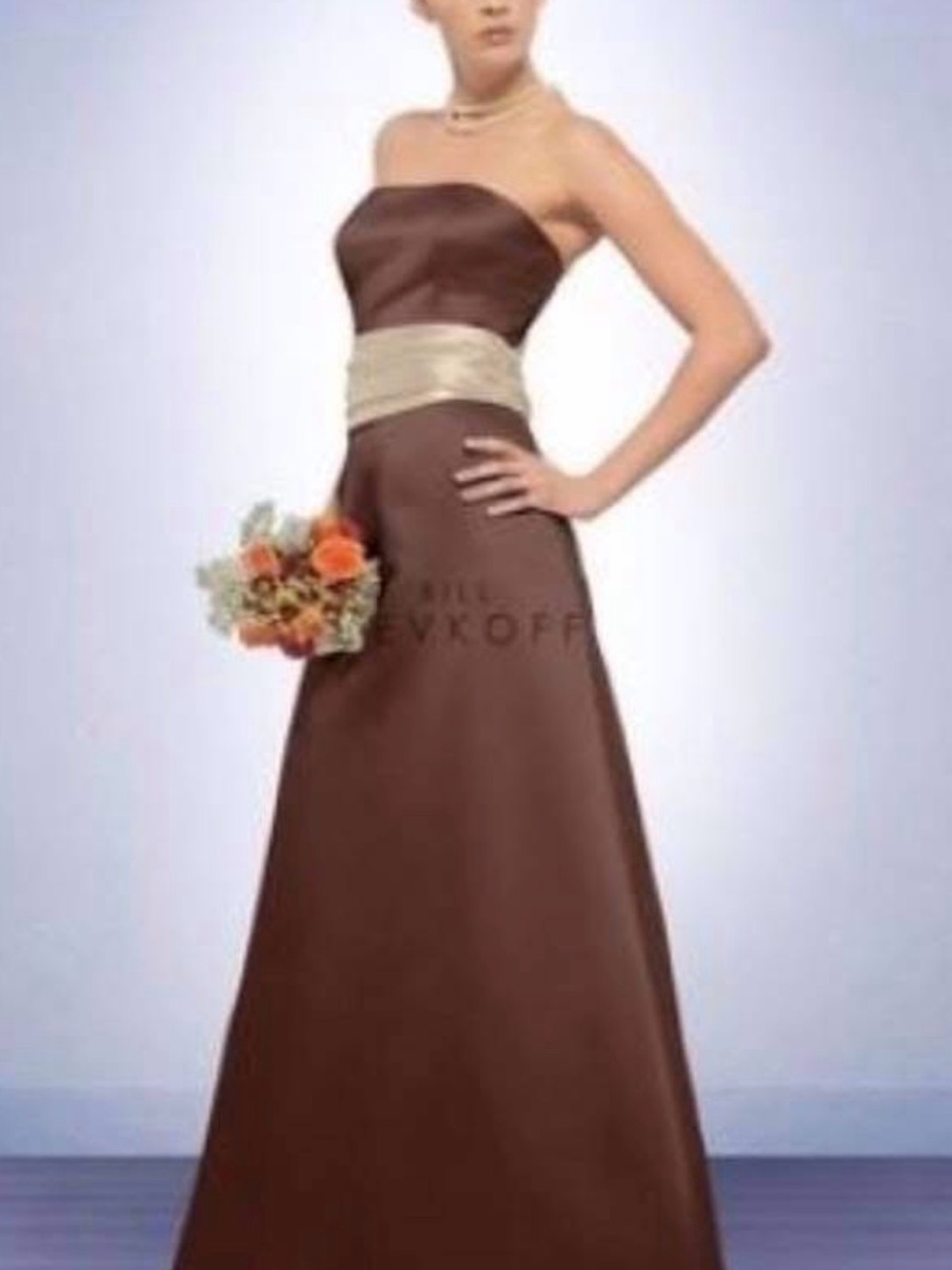 Bill Levkoff Chocolate Strapless A-Line Gown with Ivory Waist Sash